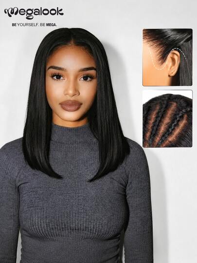 MEGALOOK 13x6 Transparent Lace Front Wavy Bob Wig, 100% Human Hair, Double Weft, 200% Density, Natural Black Color, Glueless & Seamless, 3-Step Easy Wear, Pre-Plucked Hairline