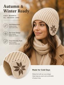 Vintage Ribbed Knit Beanie Hat With Snowflake Earflap Design, Unisex Warm Winter Knitted Cap, Casual Earflap Cold Weather Hat, Suitable For Outdoor Walking, Travel, Commuting, Autumn/Winter Hat Accessory - Multicolor - View 3