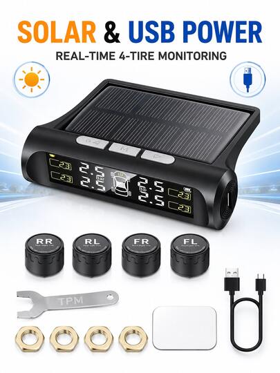 Wireless Tire Pressure Monitoring System With 4 External Sensors | TPMS Kit With Real-Time Pressure And Temperature Alerts, USB Charging And Solar Power - Suitable For SUV, MPV, Pickup And Off-Road Vehicles - Includes Low Battery Notification