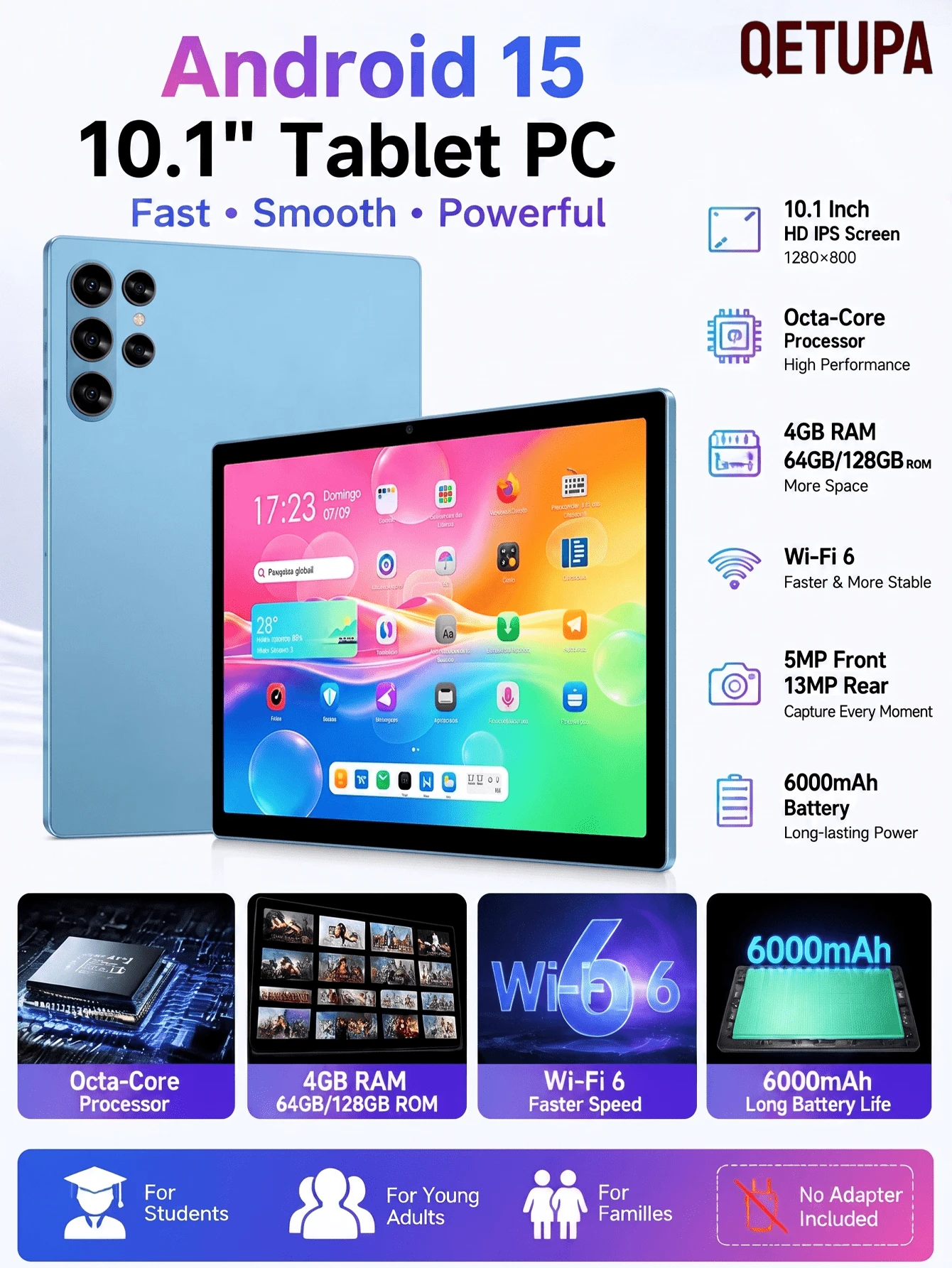 Qetupa 10.1 吋 Android 15 平板電腦，八核心處理器，4GB RAM 128GB ROM，1280x800 HD IPS 觸控螢幕，Wi-Fi 6，5MP 前置與 13MP 後置相機，6000mAh 電池，適合學生、年輕成人與家庭使用（不含適配器）