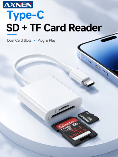 AXNEN Pembaca Kartu SD/TF Kecepatan Tinggi 2-in-1 Tipe-C, Adaptor Kartu Memori Slot Ganda, Mendukung Kartu SD dan TF, Plug & Play Tanpa Driver, Untuk Ponsel, Tablet, Laptop, dan Transfer File Foto/Video Kamera