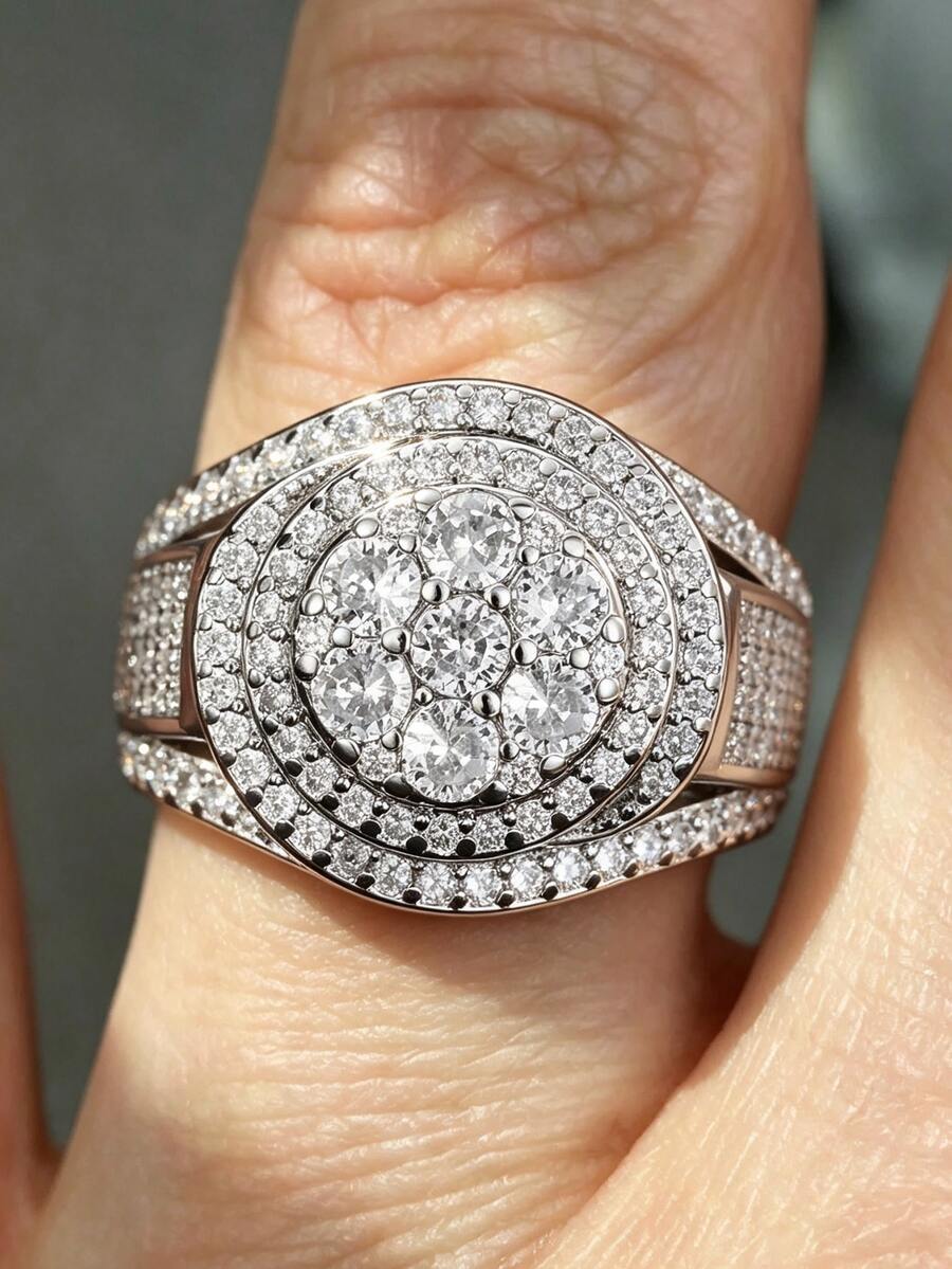 1pc Fashion Heavy Rhinestone Multi-Layer Round Diamond Ring, Geometric Luxury Exaggerated Wide Band Ring For Women And Men, Party Banquet High-End Accessory Gift Jewelry - White - View 1