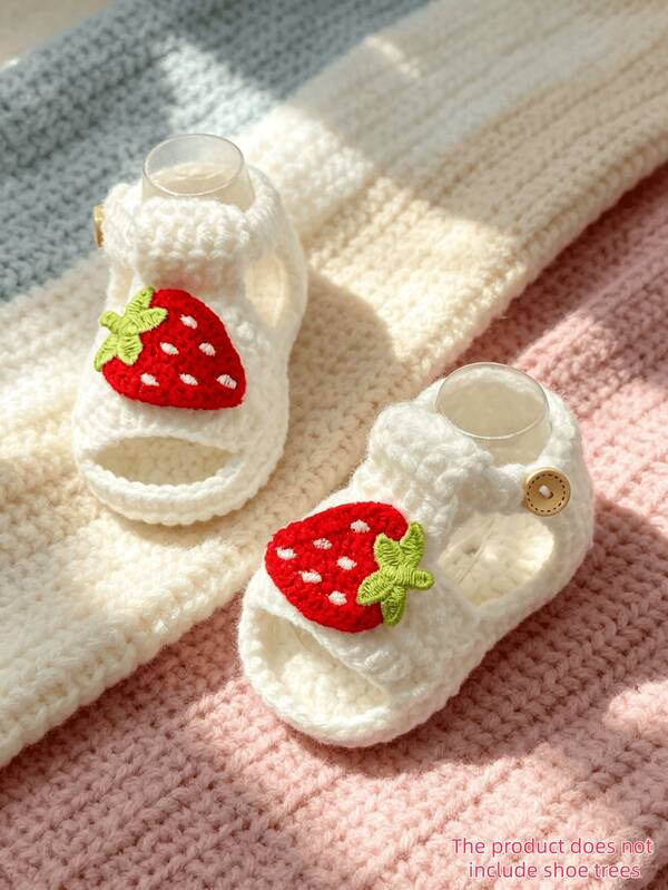 1 Pair Handmade Crochet Infant Sandals, White With Strawberry Applique, Soft Knit Booties With Button