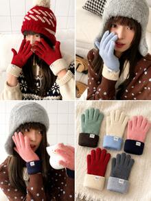 Cozy Colorblock Full-Finger Fuzzy Knit Gloves, Contrast Ribbed Cuffs, Finger Opening Touchscreen Design, Warm Winter Hand Gloves For Women, Daily Commute, Outdoor Walking, Travel, Christmas Parties, Holiday Gifts, Cold Weather Styling Looks - Multicolor - View 5