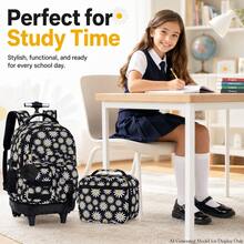 3pcs/Set Girls Daisy Print Pom Pom Pendant Durable Oxford Cloth Rolling Luggage Bag With Adjustable Shoulder Strap Zipper Closure Sweet Student Backpack Set, Suitable For School And Travel - Single Pull Rod, Three Front Pockets, Daisy - View 10