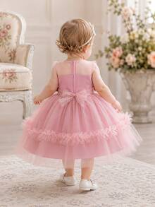 New 3D Applique Sleeveless Satin & Tulle Model Runway Girls' Puffy Birthday Princess Dress - Pink - View 2