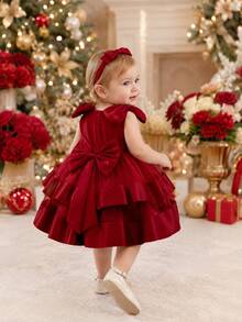 New Baby Girl Princess Dress, 1st Birthday Bow Tulle Tutu Party Dress - Red - View 1