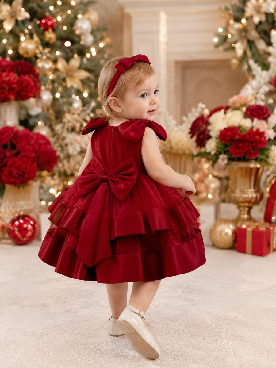 New Baby Girl Princess Dress, 1st Birthday Bow Tulle Tutu Party Dress - Red - View 1