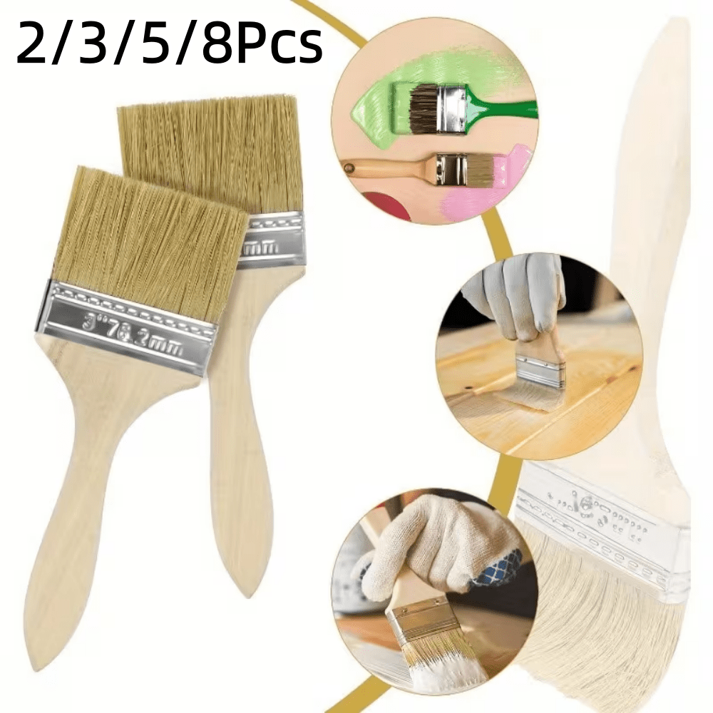 2/3/5/8Pcs Wooden Flat Paint Brush Cleaning Brush With Wooden Handle And Metal Wire - Multi-Purpose, Suitable For Art, Crafts, Painting, Coating, Glue Application, Dusting Cleaning - Indoor/Outdoor Use, Suitable For Home Maintenance Cleaning And Projects