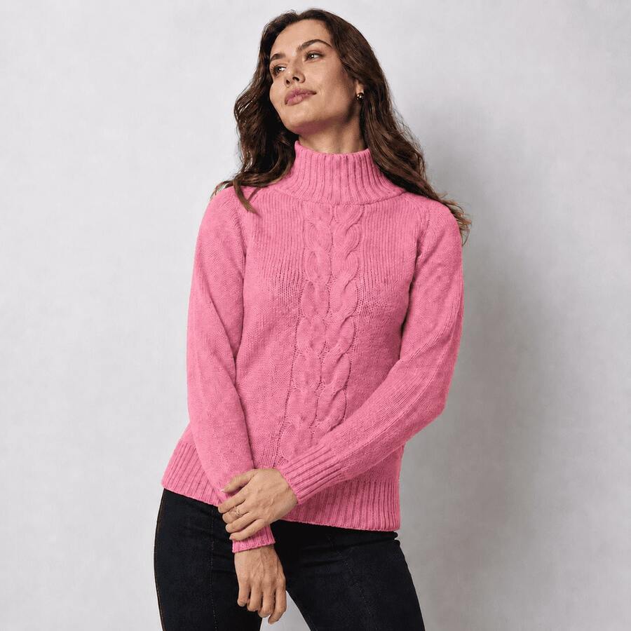 Blusa Feminina de Tricô Vermelha com Gola Alta, Manga Longa e Trança Frontal, Suéter Elegante e Confortável para Outono Inverno