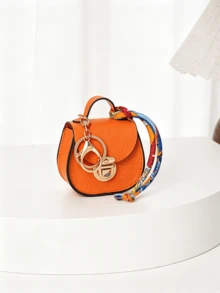 Mini Saddle Keychain Bag, Faux Leather Small Coin Purse With Random Color Scarf Decoration, Gold Lock Hardware, Small Storage Bag, Cute Handbag Charm, Suitable For Daily, Dating, Party Gifts, Multi-Color Mini Shoulder Bag Accessory - Multicolor - View 16