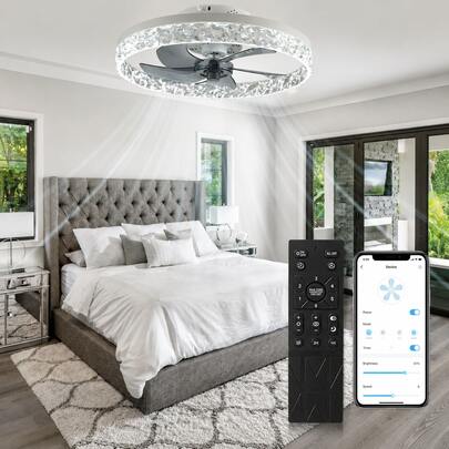 Ceiling Fan With Light, 19.7" Low Profile Flush Mount Ceiling Fans, 3 Color Dimmable LED, 6 Wind Speeds Timing, Remote Control, Reversible Motor For Living Room, Bedroom