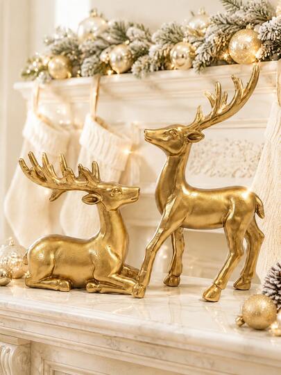 2pcs Gold Resin Reindeer Figurines, Elegant Deer Statue Set, Luxury Christmas Tabletop Decor For Mantel, Fireplace, Living Room, Entryway, Shelf, Holiday Home Decoration Gift