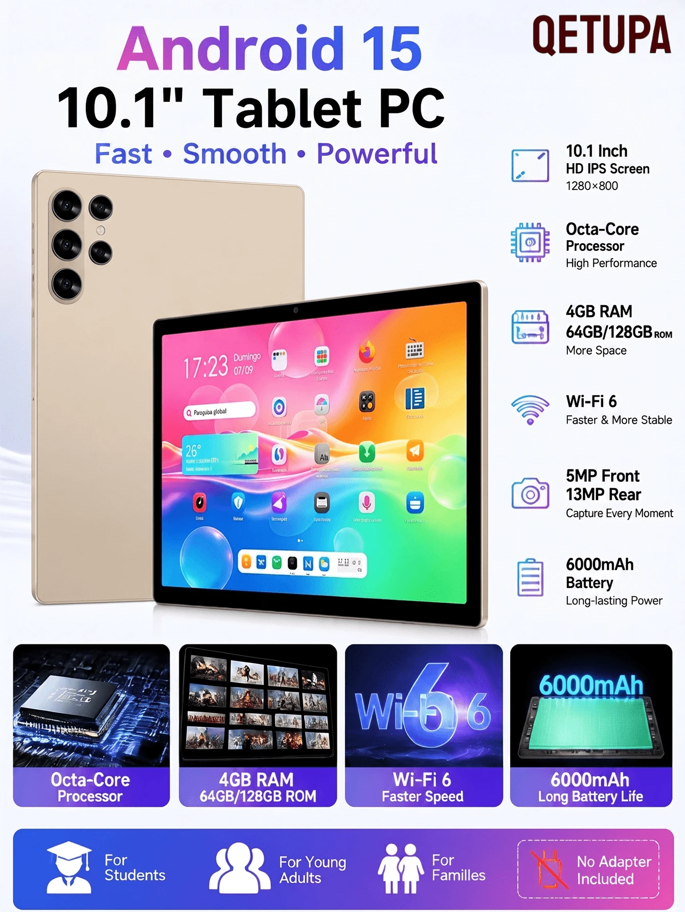 Qetupa 10.1 Inch Android 15 Tablet PC, Octa‑Core Processor, 4GB RAM 128GB ROM, 1280x800 HD IPS Touch Screen, Wi‑Fi 6, 5MP Front &13MP Rear Camera, 6000mAh Battery, Tablet For Students Young Adults Families (No Adapter)