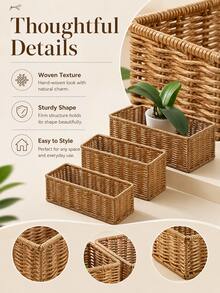 1pc Faux Wicker Storage Basket, Rectangular Desktop Organizer, Essential Home Storage Box For Remote Control, Seasoning Bottles, Bathroom And Kitchen Sundries - Multicolor - View 7