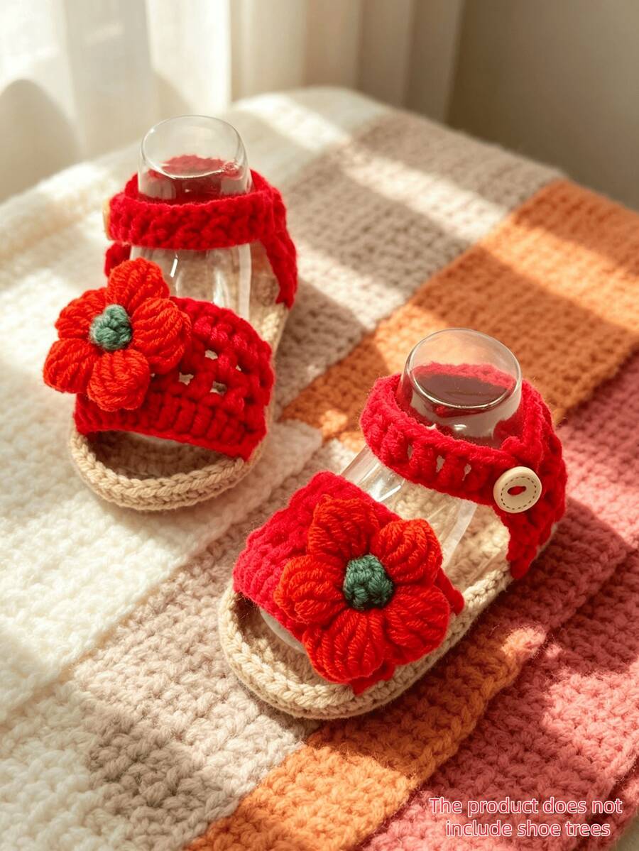 1 Pair Infant Floral Crochet Pre-Walker Sandals Floor Socks Shoes - Red - View 1
