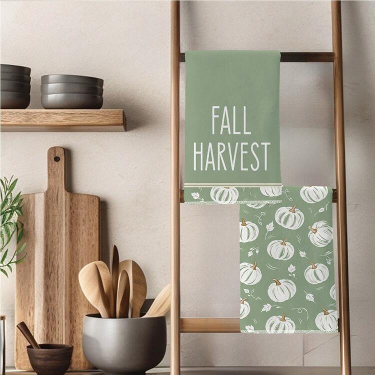 2 st minimalistiska höstiga kökshanddukar med grön bakgrund, vit pumpa och texten "Fall Harvest", 40*60 cm, mjuka mikrofiberhanddukar, lämpliga för hem, kök, restaurang, utomhuscamping, bordsrengöring, disktrasa och handdukstillbehör, högtidspresent - Multifärgad - Visa 8