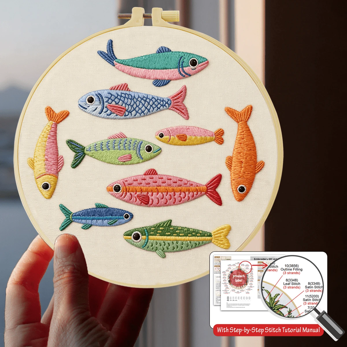 1PC 15*15cm/5.9*5.9in 20*20cm/7.9*7.9in, Many Fish Embroidery Kit, DIY Handmade Embroidery Set For Adult Beginners, Home Gift, Women's Sewing Gift, Including User Manual, Printed Pattern Fabric, Embroidery Frame, Needle And Thread.
