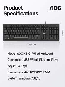 AOC KB161 Wired Keyboard: 104-Key Full-Size Layout | USB Plug And Play | Spill-Resistant Design | Non-Slip Feet For Stable Operation | Ergonomic Comfortable Experience | Compatible With Win7/8/10 - View 6