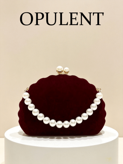 1 pièce Sac de soirée vintage en velours bordeaux en forme de coquillage, corps ondulé avec chaîne de perles, design de fermoir en perles, élégant, convient pour les mariages, les banquets, les fêtes, peut être porté en bandoulière ou à la main, pochette de soirée pour femmes