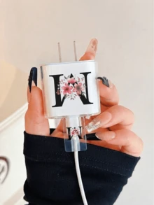 極簡花卉蘋果充電器蝴蝶結造型保護套，適用 20W Apple 15 充電線保護套、16 Pro Max 手機數據線保護套、13/14 Plus 保護殼，防斷裂、防貓咬 - 繁花黑字母-M - 查看 4