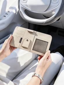 Premium PU Leather Car Sun Visor Organizer – Multi-Compartment Holder With Glasses Clip, Pen Slot, Card Slots, And Mesh Pocket; Universal Interior Accessory For Storing Documents And Cards. - A - View 7