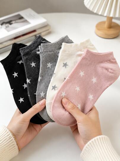 1/5 pares de calcetines tipo barco para mujer con lindo patrón de estrellas multicolor, suaves, cómodos y versátiles, calcetines de tobillo, estilo aleatorio, adecuados para uso diario, todas las estaciones