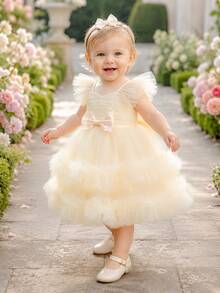 Baby Girl Princess Dress With Flutter Sleeves And Puff Skirt, Flower Girl Outfit For Evening Party, 1st Birthday, Baptism - Champagne - View 3