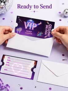 VIP Music Birthday Party Invitations With Envelopes, Purple Neon Fill-In-The-Blanks Ticket Cards, Suitable For Girls, Teens, Karaoke, Disco And Dance Parties, Writable Concert Style Invitation Tickets, Applicable For Pop Star, Neon, Pajama And School Party Celebrations - Neon - View 7