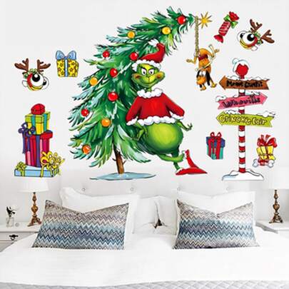 The Grinch Papel tapiz de decoración navideña, pegatina de ventana de PVC con árbol de Navidad de monstruo verde. Decoración navideña, perfecta para fiestas y cumpleaños, también una opción ideal para decoración de vacaciones y accesorios fotográficos.