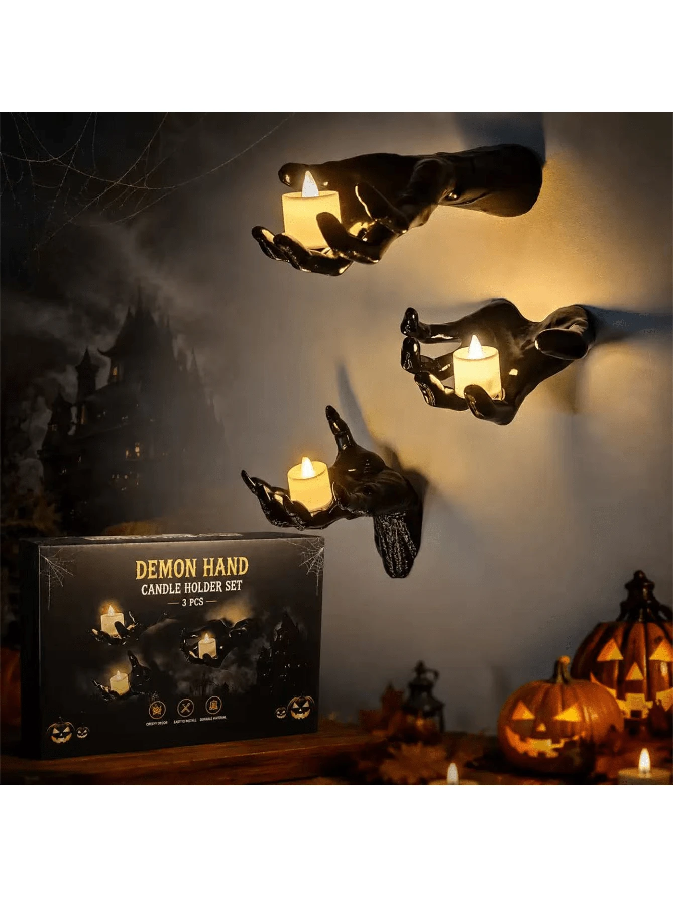 3Pcs Premium Halloween Demon Hand Wall Candle Sconce Set Gothic Spooky Tealight Holder Home Party Decor - Multicolor - View 1