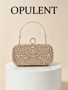 1pc Luxurious Rhinestone Floral Evening Clutch, Exquisite Full Rhinestone Heavy Craftsmanship, With Handle Ring For Crossbody Wear, Wedding Banquet Party Dress Matching, Light Luxury High-End Women's Evening Bag - Gold - View 1