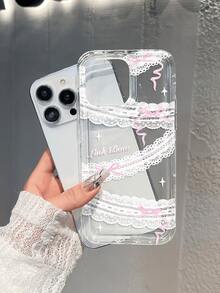 Transparent Lace Pink Bow Phone Case, Raised Large Camera Hole Wear-Resistant Shockproof Phone Case, Sweet Girl Commuter Versatile Style, Compatible With Apple 18 Pro/18 Pro Max/15/15 Pro/15 Plus/15 Pro Max/16/16 Pro/16 Pro Max/17/17 Pro/17 Pro Max/12/12 Pro/12 Mini/13/13 Pro/13 Pro Max/14/14 Plus/14 Pro Max/11, Daily Gift, Back To School Essential, Accessory, Halloween Gift, Christmas Gift, Premium Phone Accessory - Clear - View 2