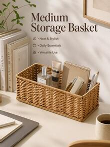 1pc Faux Wicker Storage Basket, Rectangular Desktop Organizer, Essential Home Storage Box For Remote Control, Seasoning Bottles, Bathroom And Kitchen Sundries - Multicolor - View 3