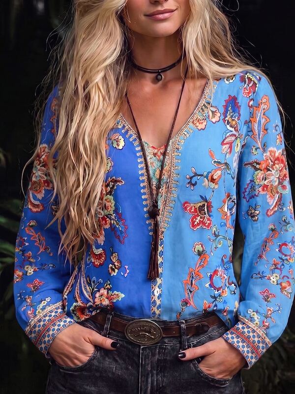 Women's Plus Size Bohemian Floral Patchwork V-Neck Blouse, Long Sleeve, Woven Fabric, Slim Fit, Autumn Essential