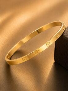 1pc 18K Gold Plated Stainless Steel Classic Cross Screw Bracelet, Minimalist Hinge Design Waterproof Non-Fading Stackable Women Jewelry Gift - Gold - View 5