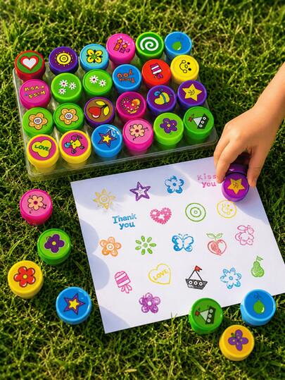 26pcs Carimbo Infantil Auto Entintado Educativo Colorido com Desenhos Sortidos para Atividades Escolares Pedagógicas Artes Pintura Criatividade e Diversão