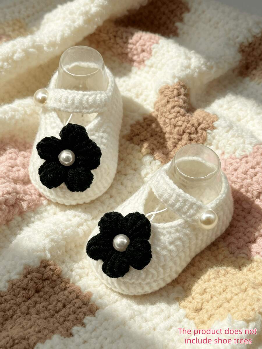 1 Pair Infant Baptism Booties, White Pearl Knit Slippers, Infant Shoes - Black - View 1