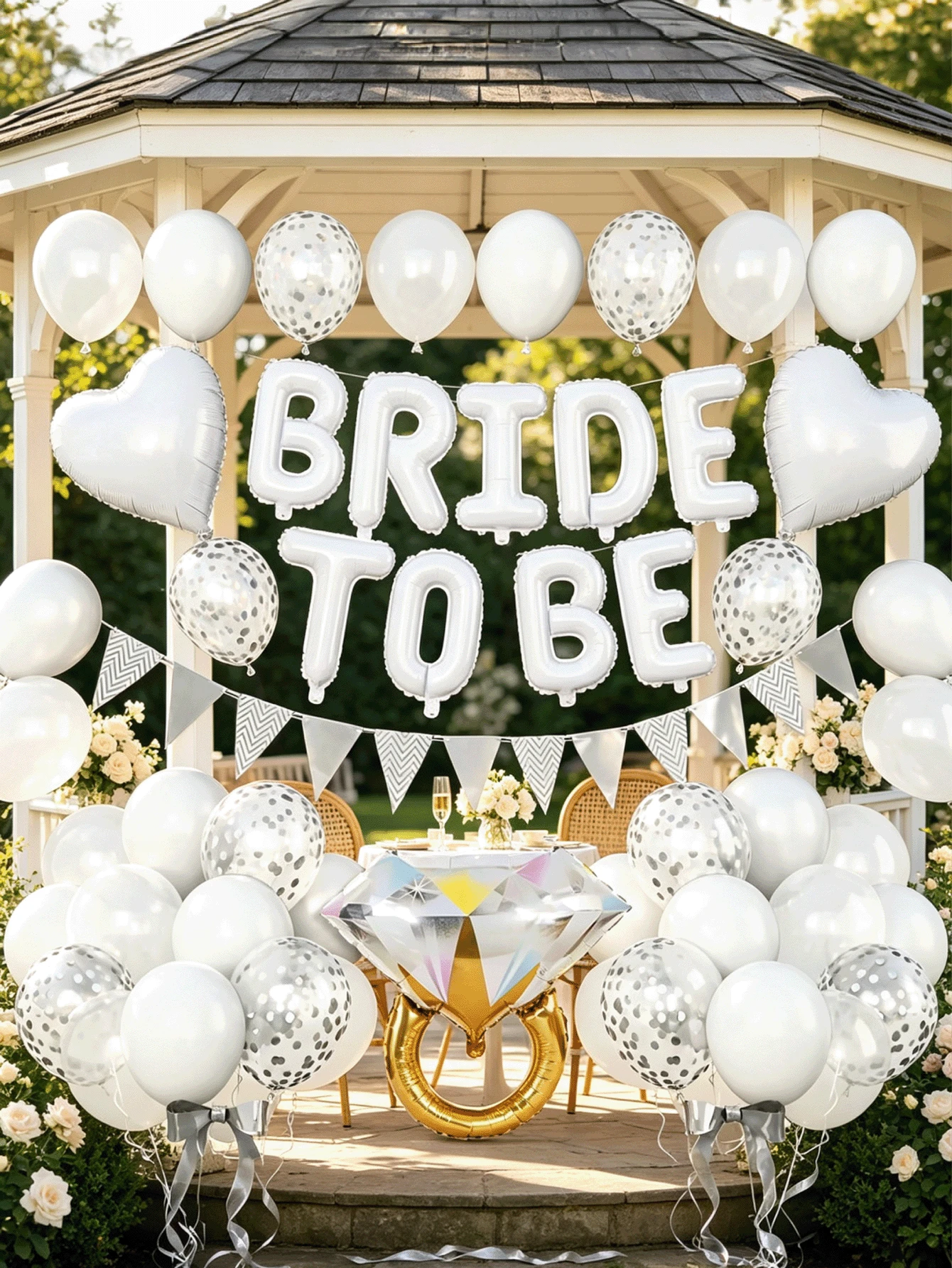 1套白色單身女派對裝飾,白色準新娘婚前派對氣球裝飾,白色銀色亮片氣球搭配鑽戒心形氣球,適用單身女派對、訂婚、婚禮 - 彩色 - 查看 1
