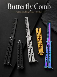 1pc Butterfly Practice Comb Foldable Men's Steel Comb Training Tool Flip Knife Comb Unsharpened Stainless Steel Suitable For Outdoor Beginners - Multicolor - View 6