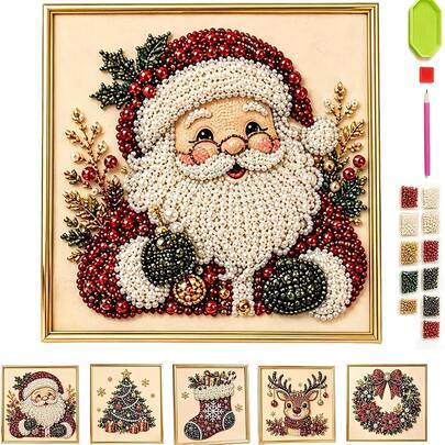 DIY Christmas Pearl Diamond Painting Art Kit With Frame, Christmas Pearl Bead Handmade Art, Suitable For Adults And Beginners, Gemstone Diamond Dot Painting, Home Wall Decor