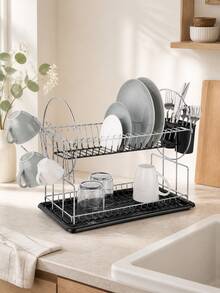2-Tier Black Metal Rust-Resistant Dish Drying Rack With Side Cup Holder, Removable Utensil Caddy And Drain Tray, Space-Saving Kitchen Counter Organizer For Plates, Bowls, Glasses And Cutlery - Multicolor - View 4