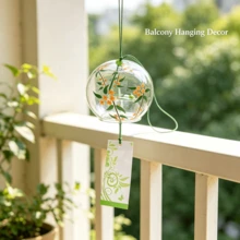 1pc Japanese Style Glass Wind Chime, Floral Printed Hanging Ornament With Paper Tassel For Window Home Patio Garden Decor - Japanese Wind Chime - View 3
