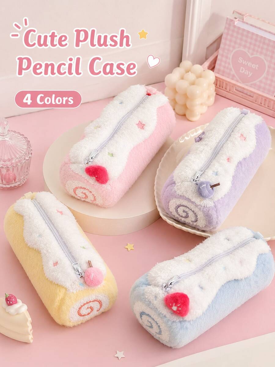 Cute Swiss Roll Plush Pencil Case, Large Capacity Toiletry Bag, Foldable Storage Bag, High-Quality Sweet Stationery Organizer, Suitable For Students - Multicolor - View 1