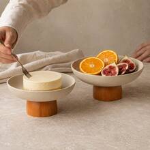 1pc 7.87/9.06inch Thick Ceramic Round Fruit Plate With Solid Wood Feet, Exquisite Dried Fruit Plate Dessert Plate, Creative Cake Plate Front Desk Candy Fruit Plate, Desktop Storage High Foot Plate - Stoneware+Brown - View 9