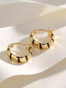 Charm-In 18K Gold Plated Copper Chunky Black Stripe Huggie Hoop Earrings, Click-Top Earrings For Women, Daily Office Party Statement Jewelry Gift - Gold - View 6