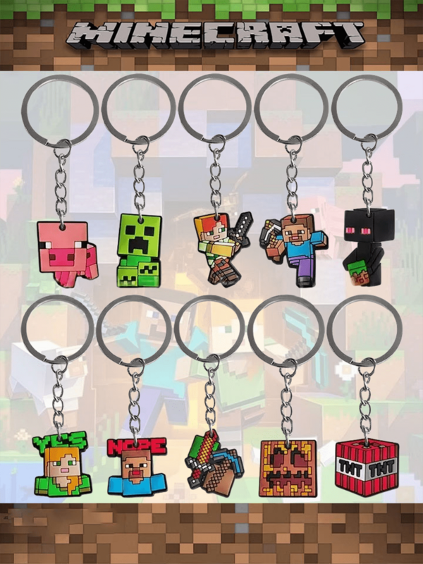 Minecraft 10入像素戰鬥像素格主題生日派對禮物 軟橡膠鑰匙圈，包含 Steve、Alex、Creeper 角色鑰匙圈，背包筆袋 DIY 配件 PVC 軟橡膠裝飾，像素礦工遊戲派對用品，汽車吊飾、背包吊飾，生日、節日、萬聖節、聖誕節、週年派對完美禮物