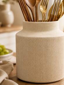 1pc Cream Ceramic Kitchen Countertop Utensil Holder, Striped Cooking Utensil Canister, Spoon Fork Chopstick Storage Rack, Modern Farmhouse Kitchen Decor Organizer - Multicolor - View 6