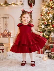 New Baby Girl Princess Dress, 1st Birthday Bow Tulle Tutu Party Dress - Red - View 4