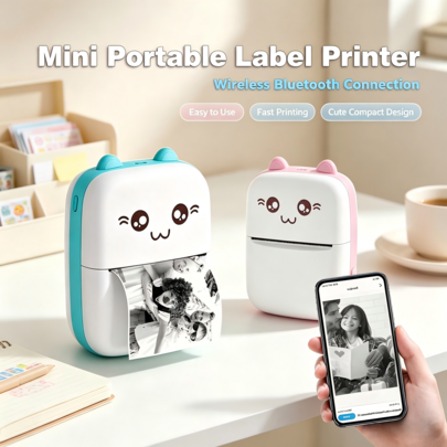 Mini Impresora Térmica Portátil, Diseño de Gato Lindo, Carga USB, Admite Impresión de Fotos y Etiquetas, Incluye Cable de Datos USB y Juego sin Tinta, Ideal para Viajes y Uso Doméstico, Impresora de Fotos | Impresora con Carga USB